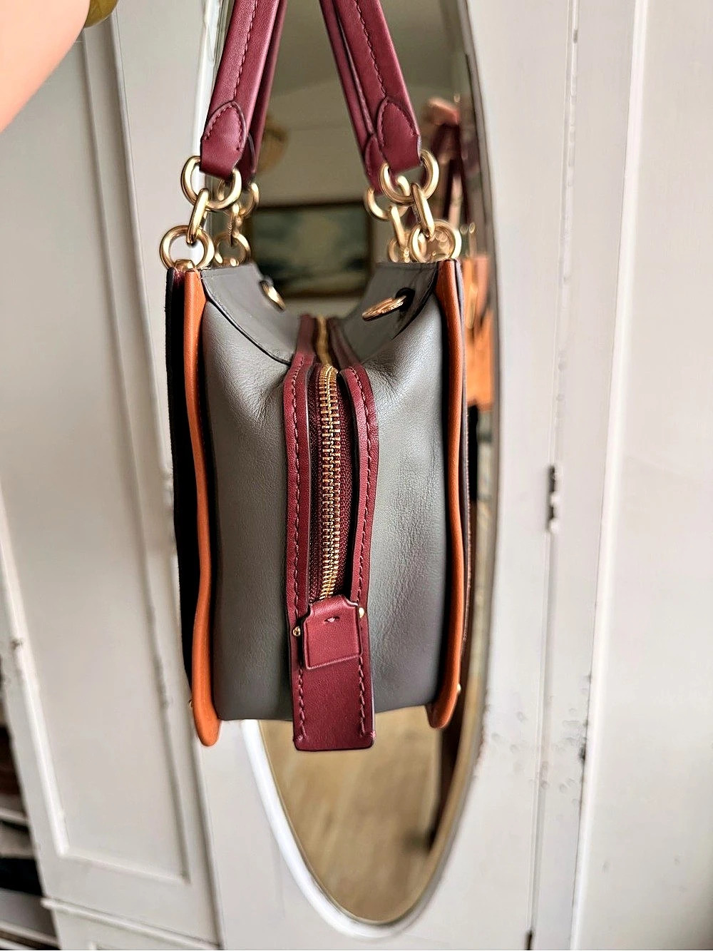 Coach Dreamer Satchel Colorblock Suede Satchel in Brown & Burgundy - Picture 5 of 11